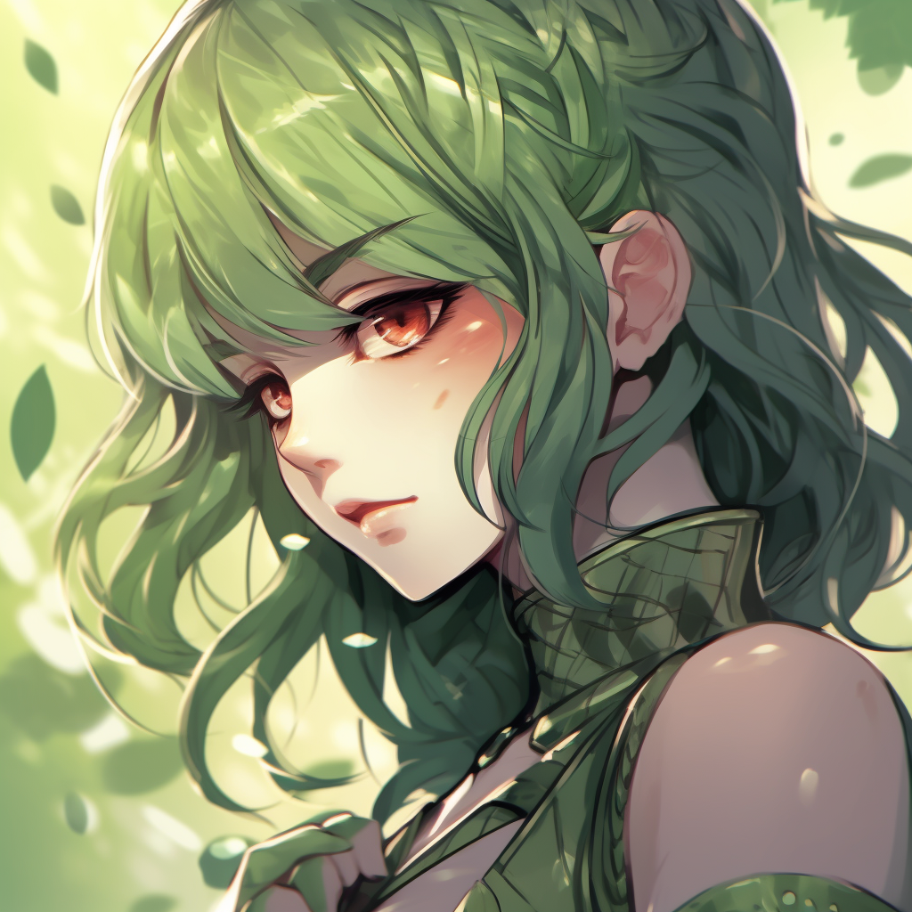 Close up of an anime character as a classic archer, with a dominant green theme and intricate armor detailing. animated green anime pfp artwork