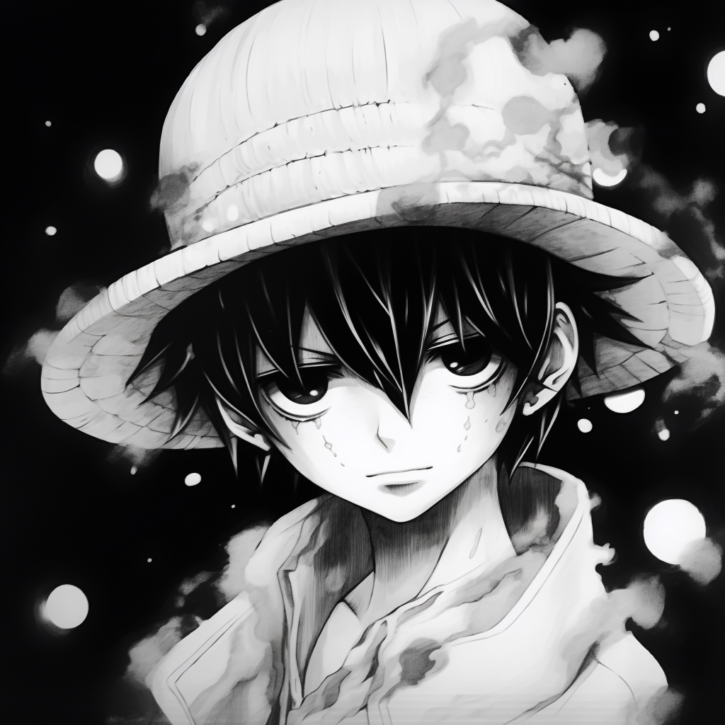 Luffy in a unique, dark style with high contrast. top black and white anime pfp