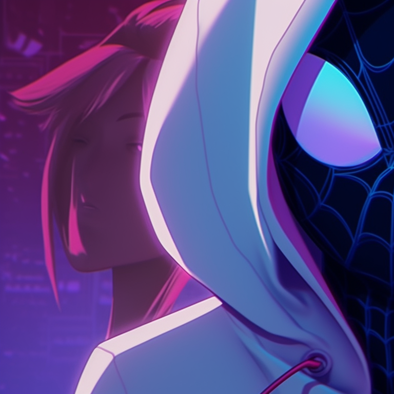 Close-up of Gwen and Miles, mask on, with a Halloween themed background. spider gwen halloween pfp pfp for discord.