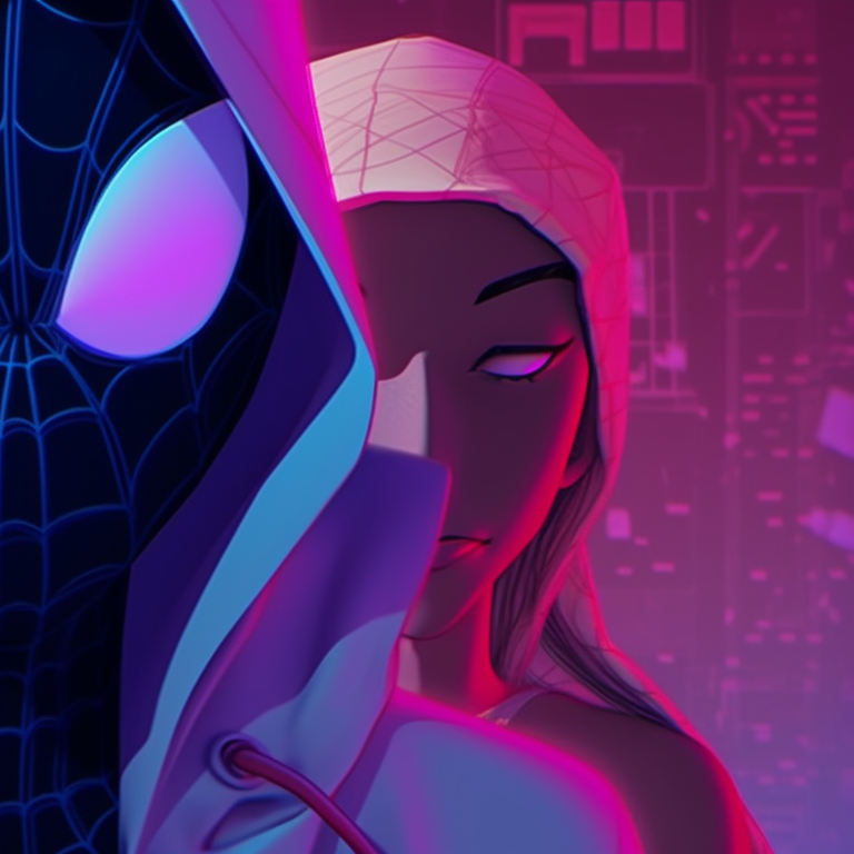 Close-up of Gwen and Miles, mask on, with a Halloween themed background. spider gwen halloween pfp pfp for discord.