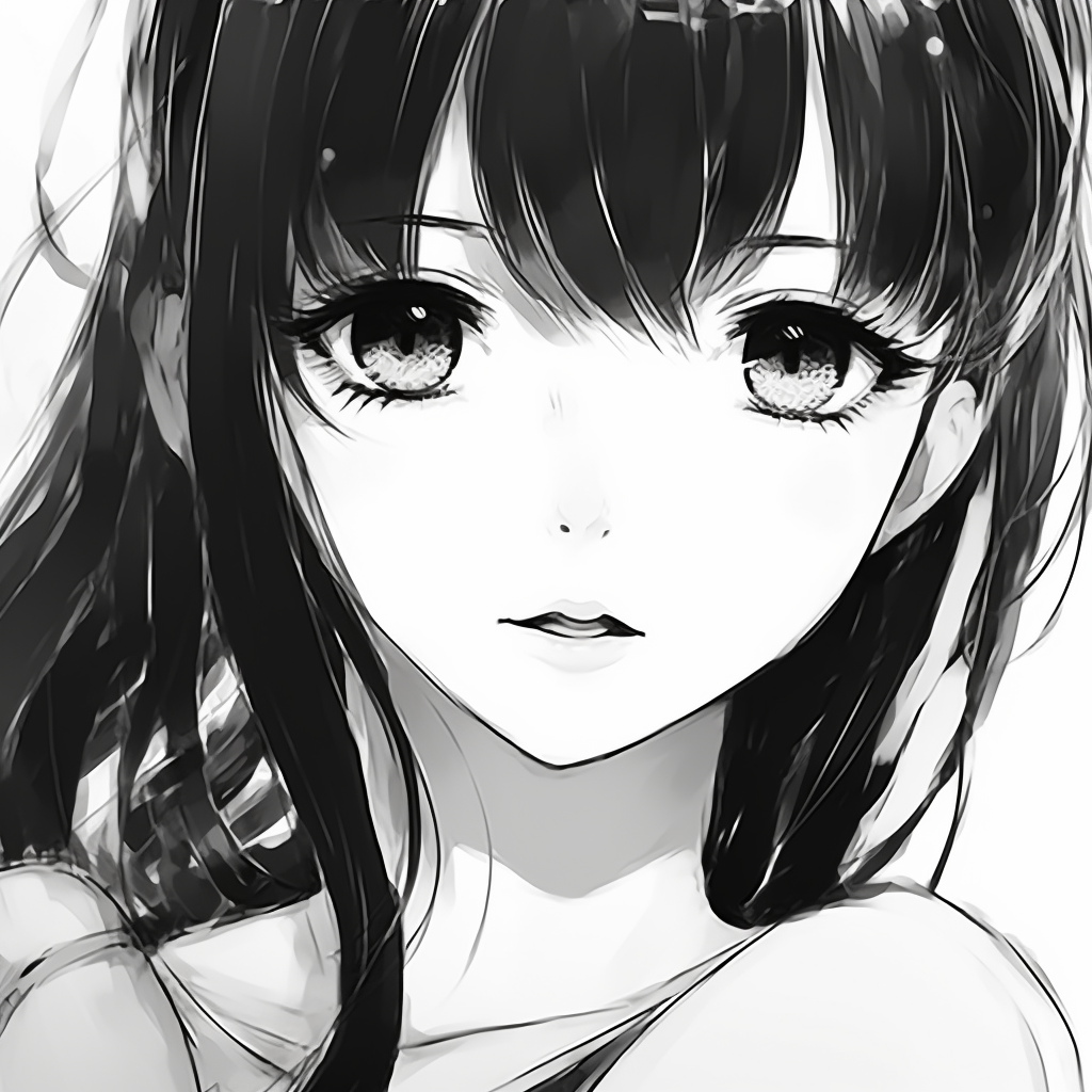 Classic anime girl in black and white display, detail on the eyes and hair. classic black and white anime girl pfp pfp for discord.