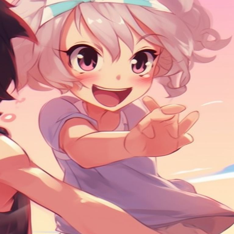 Two characters silhouetted against a colorful sunset, warm tones, engaging in a soft conversation. matching pfp for besties cartoon style pfp for discord.