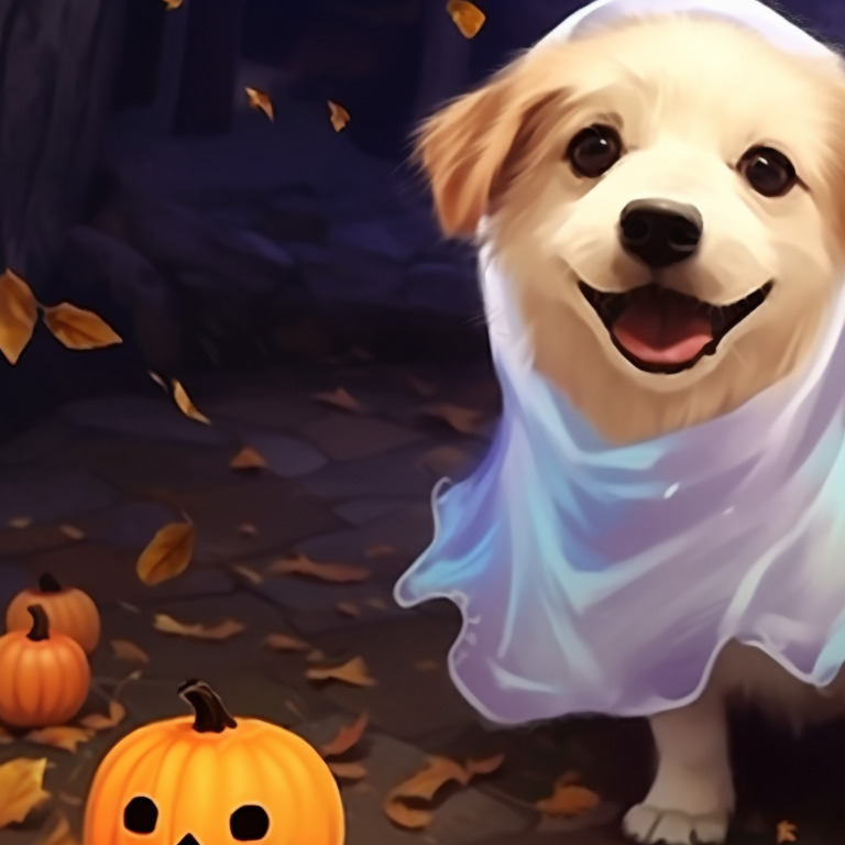 Two dogs in pumpkin costumes, bright orange color and exaggerated details. charming dogs matching pfp halloween theme pfp for discord.