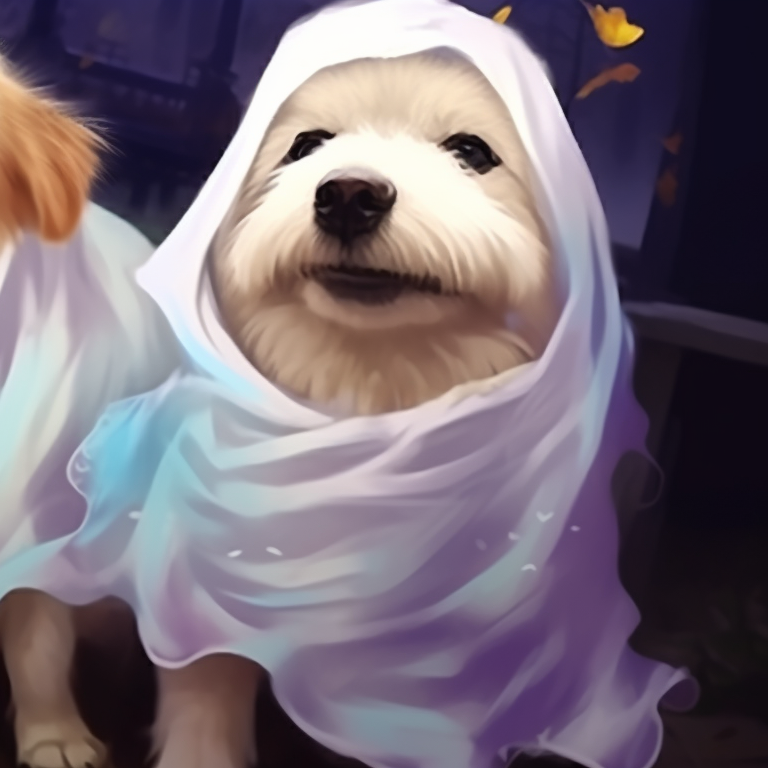 Two dogs in pumpkin costumes, bright orange color and exaggerated details. charming dogs matching pfp halloween theme pfp for discord.