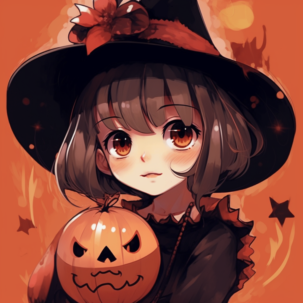 Anime girl in a witch costume, bold colors and a moody atmosphere. adorable halloween anime pfp