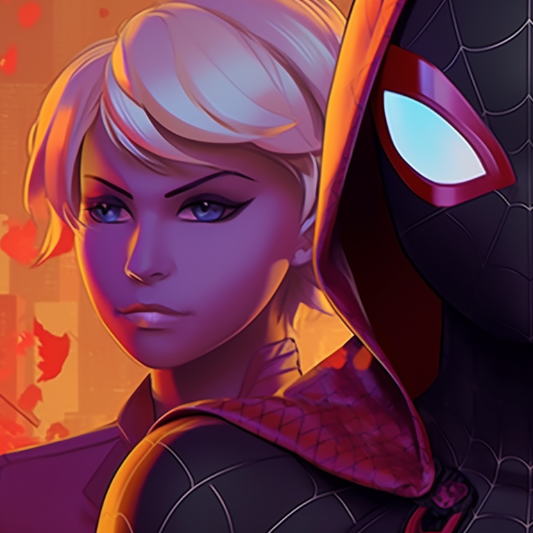 Gwen and Miles under a Halloween moon, moody colors and dark undertones. gwen and miles halloween theme matching wallpapers pfp for discord.