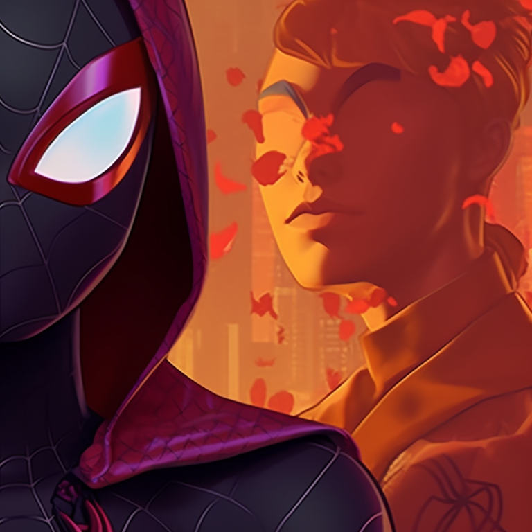 Gwen and Miles under a Halloween moon, moody colors and dark undertones. gwen and miles halloween theme matching wallpapers pfp for discord.