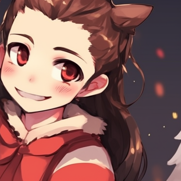 Two characters, against snowflakes backdrop, Tanjiro with snowflakes in hair, Nezuko with a scarf. matching nezuko and tanjiro christmas pfp pfp for discord.