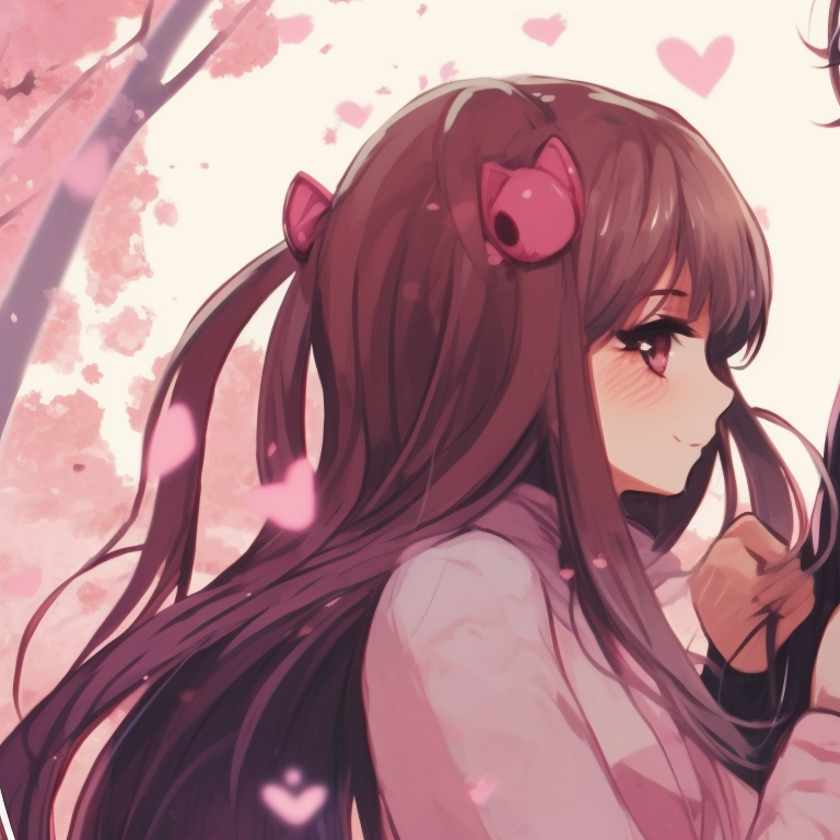 Two shojo characters under cherry blossom trees, soft pink hues and romantic vibe. shojo anime matching pfp couple pfp for discord.