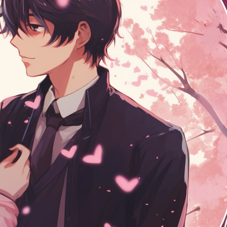 Two shojo characters under cherry blossom trees, soft pink hues and romantic vibe. shojo anime matching pfp couple pfp for discord.