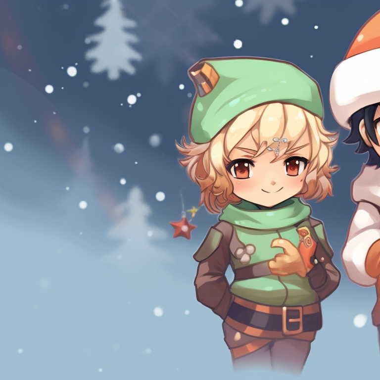 Two characters defending a lit Christmas tree, mix of soft and cool colors, festive decoration motifs valorant christmas pfp matchups pfp for discord.