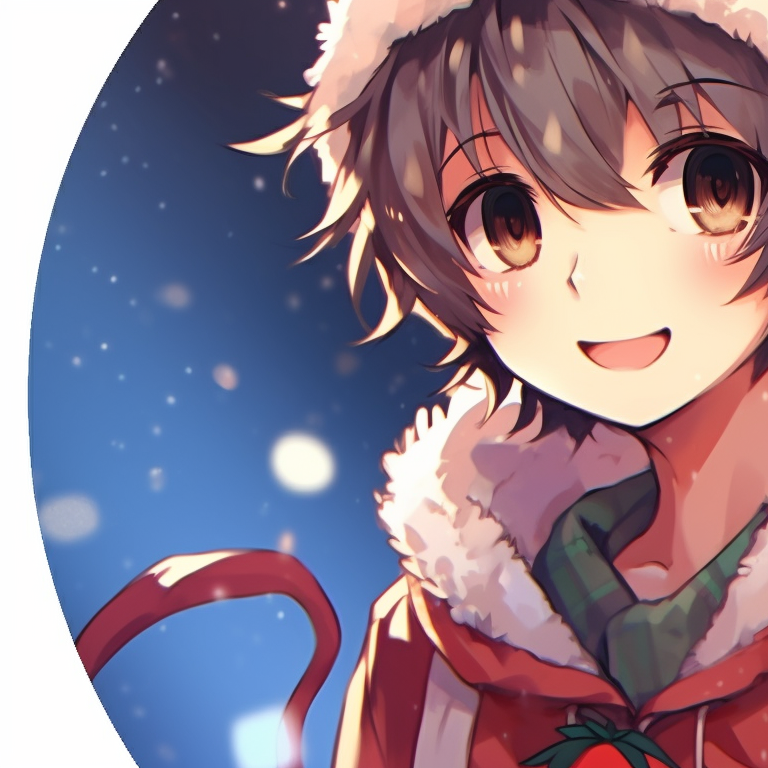 Two characters gazing at each other, surrounded by soft glowing lights and gentle snowfall. matching anime christmas pfp character inspiration pfp for discord.