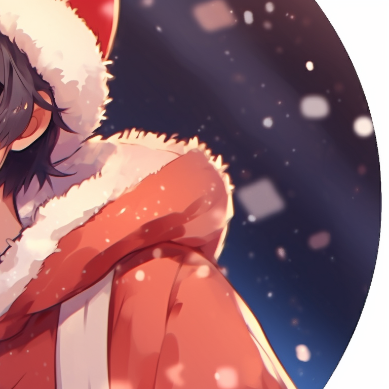 Two characters gazing at each other, surrounded by soft glowing lights and gentle snowfall. matching anime christmas pfp character inspiration pfp for discord.
