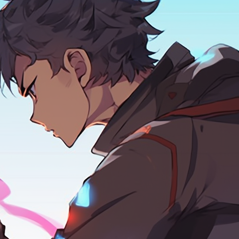 Two characters, digital armors and techno backdrop, facing each other. anime pfp matching for gamers pfp for discord.