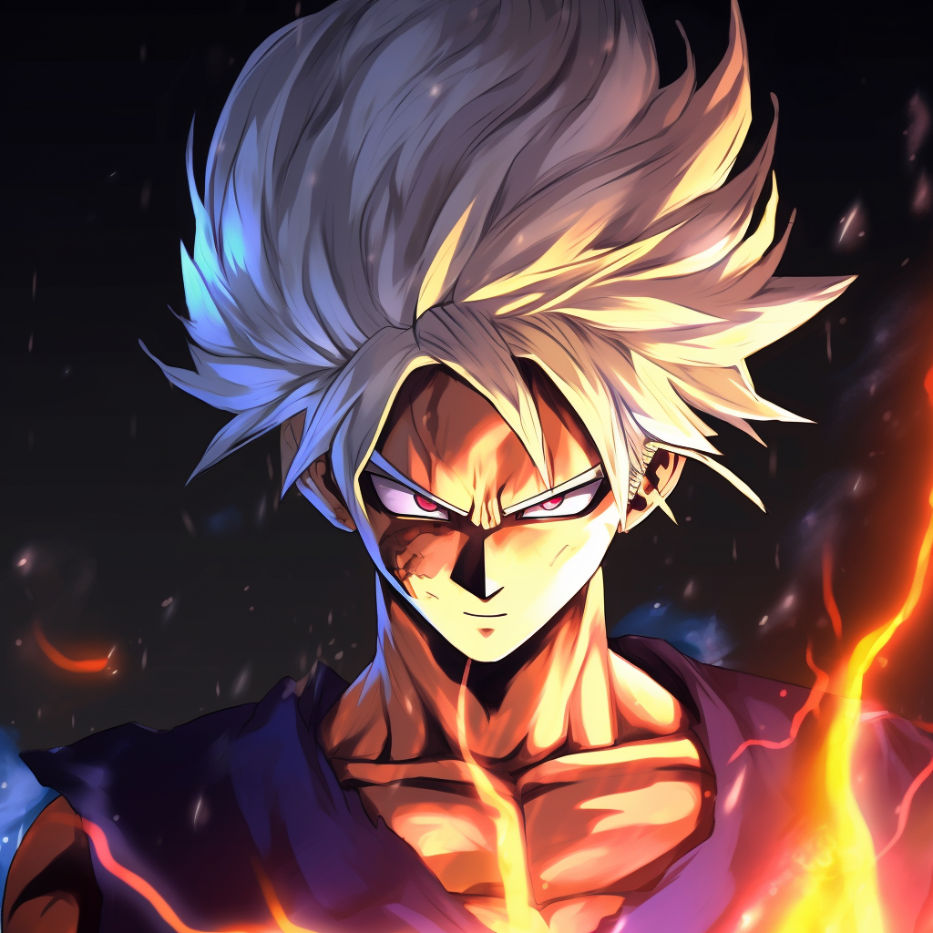 Profile of Goku in Super Saiyan, intense expression rendered in vibrant hues. 4k anime character profile photos