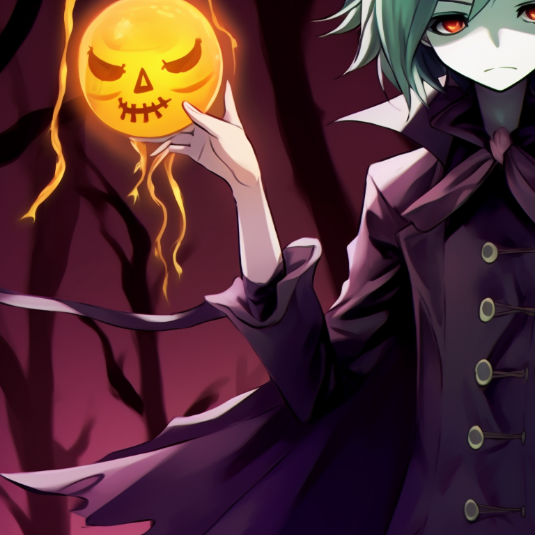 Headshot of two characters, high contrast colors and detailed Halloween props. halloween theme matching hxh pfp ideas pfp for discord.