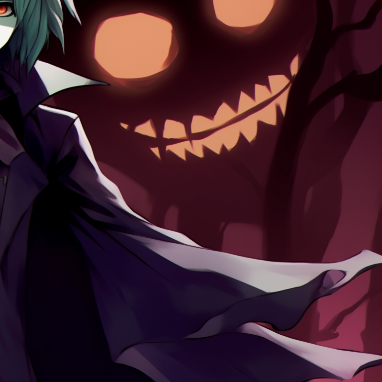 Headshot of two characters, high contrast colors and detailed Halloween props. halloween theme matching hxh pfp ideas pfp for discord.