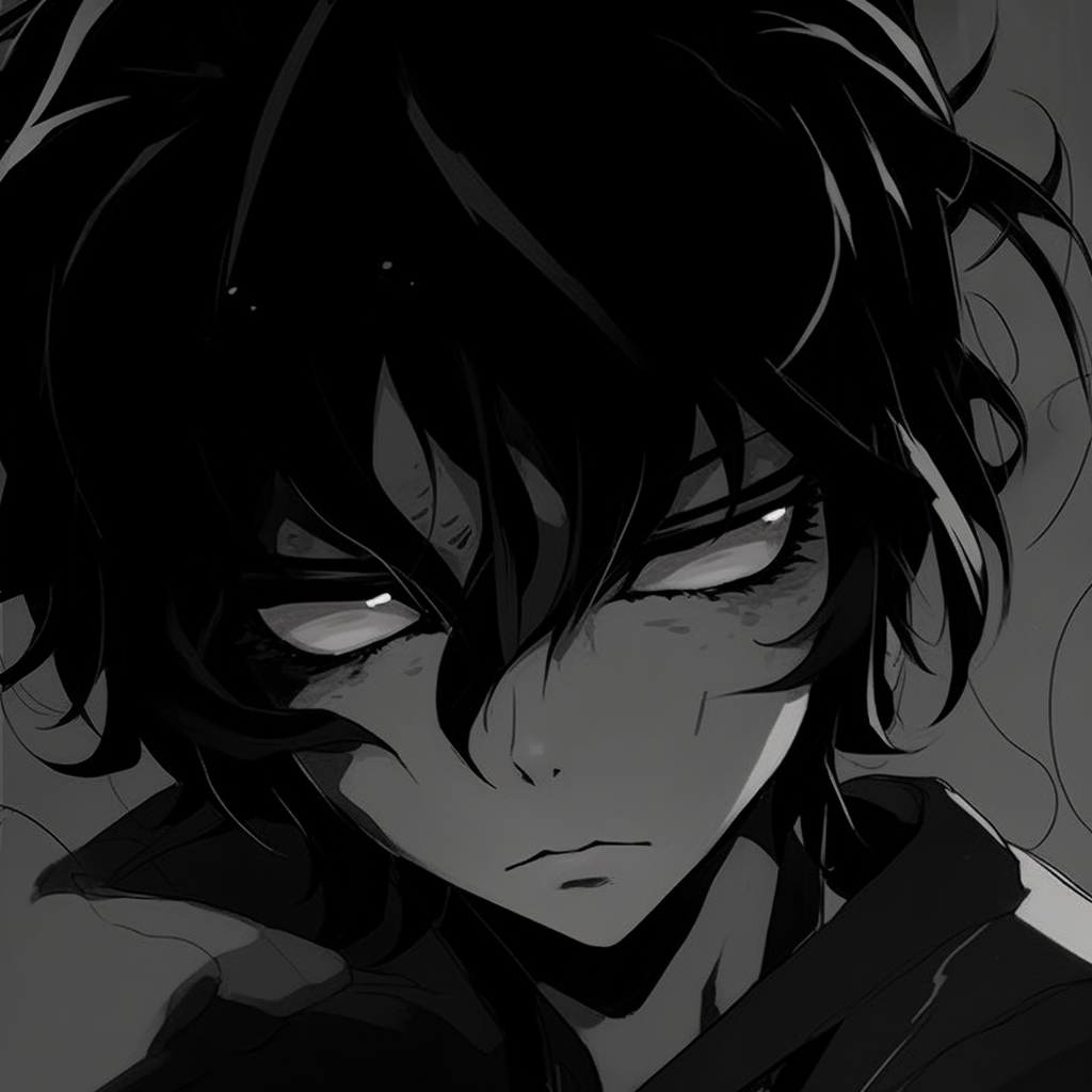 A portrait of an anime character obstructed by darkness, intense gaze visible. unique black pfp anime pfp for discord.
