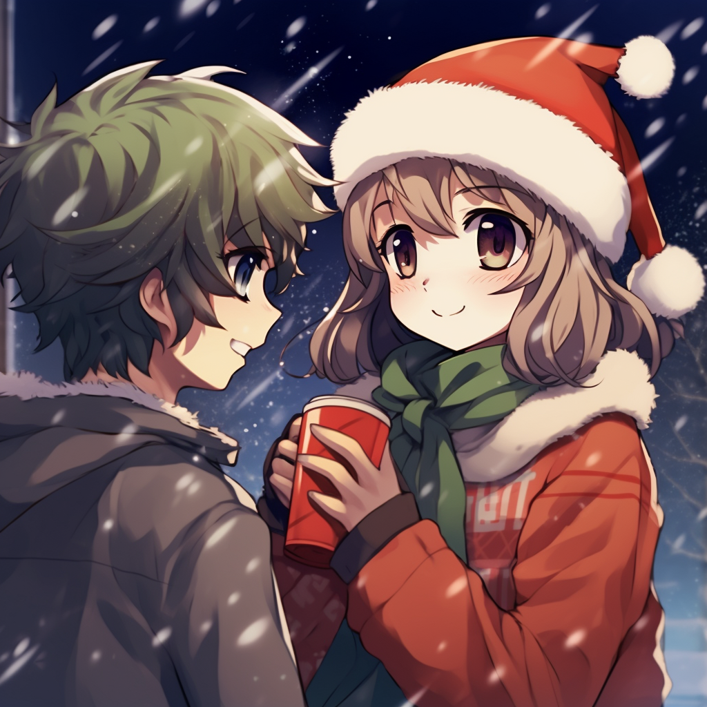 Anime profile picture with male and female characters in a festive Christmas environment. anime christmas pfp boy girl interaction