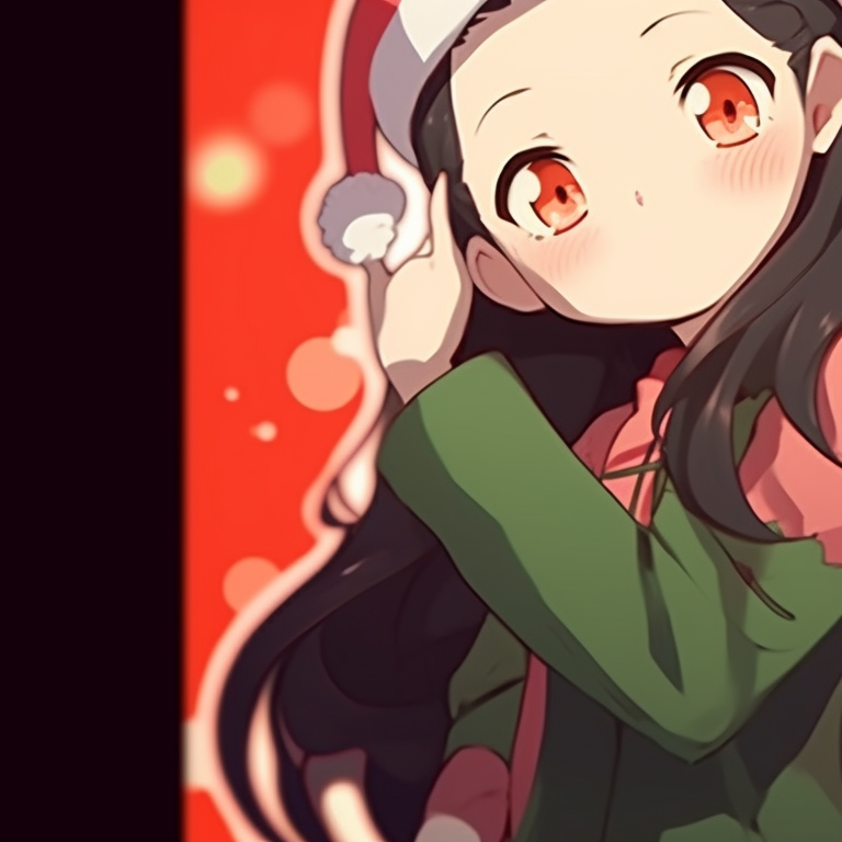 Two characters, with jolly smiles and Christmas hats, wrapped in warm color palette. matching nezuko and tanjiro christmas pfp pfp for discord.