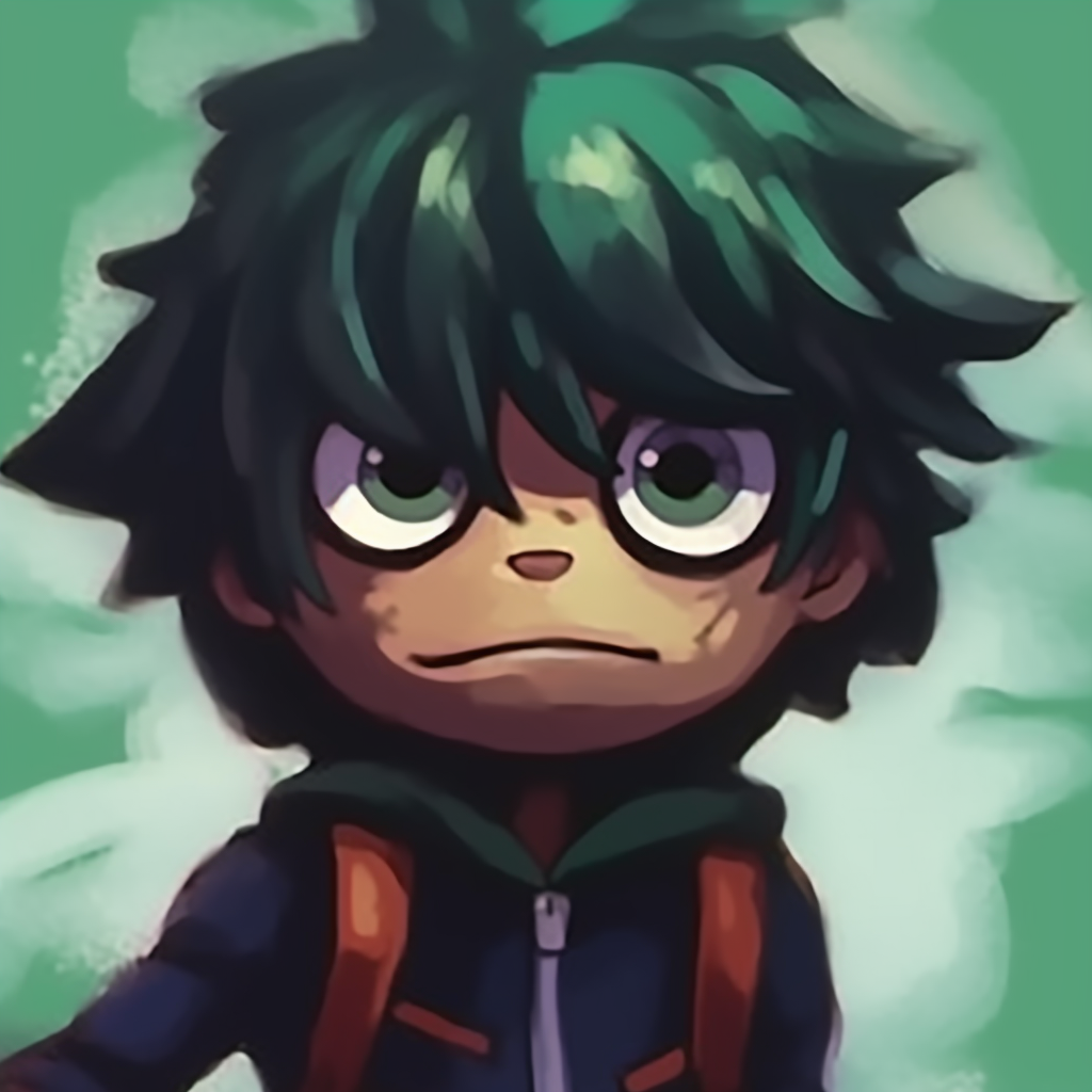 Deku in his green hero costume, showcasing intricate costume details and strong outlines. pfp for school boys pfp for discord.