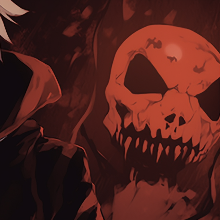 Depiction of two Death Note characters, deep shadows and detailed shading emphasizing their chilling gazes. versatile death note matching pfp halloween theme pfp for discord.