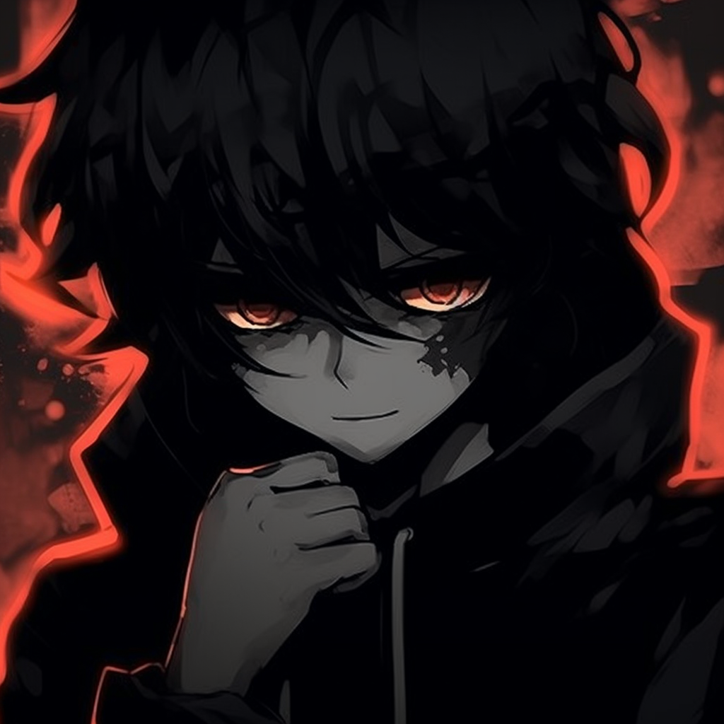 Anime boy staring through blood-red eyes, the feeling of despair and sorrow is prominent, the dark color scheme adds to his inner turmoil. cute darkness anime pfps pfp for discord.