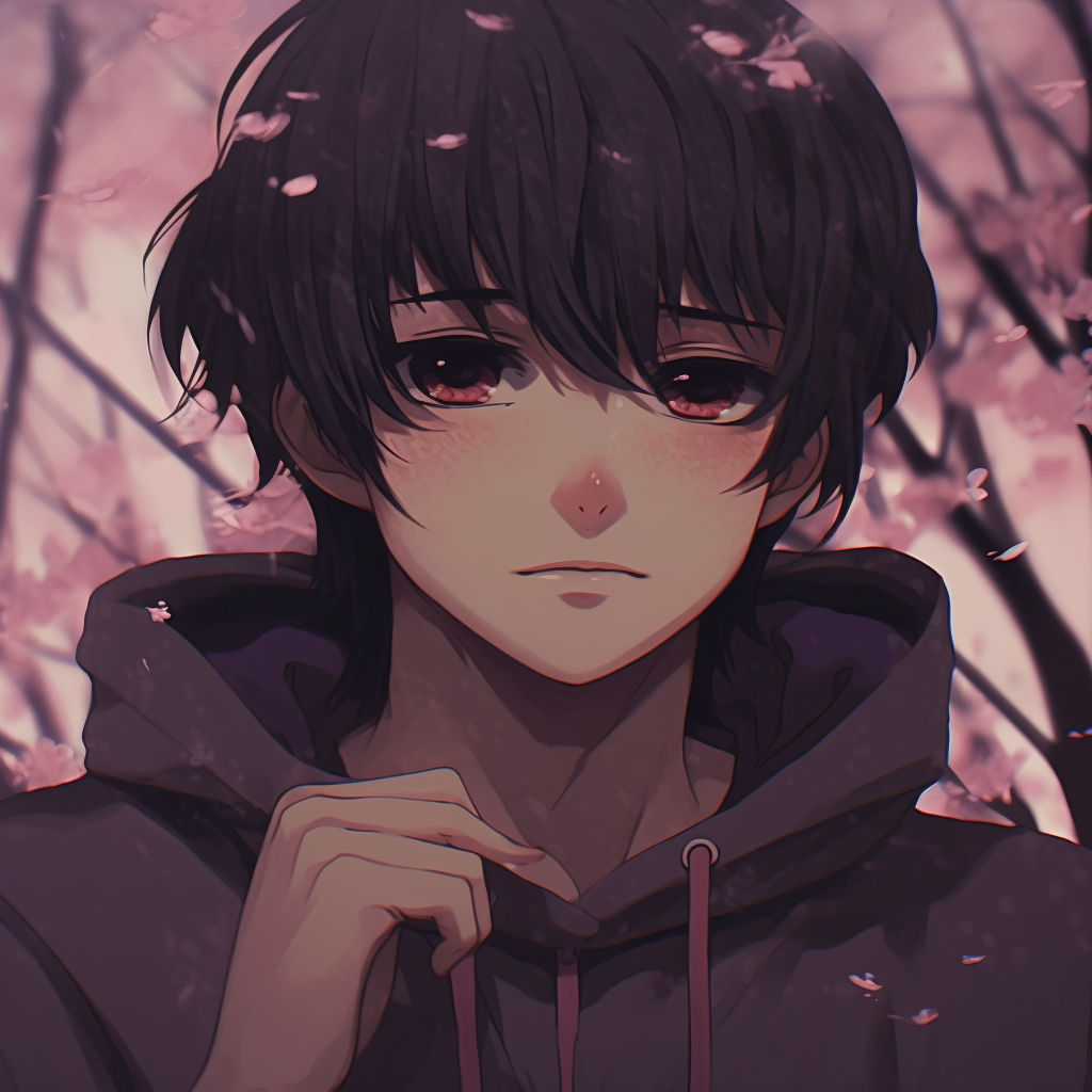 Profile picture showing a sad boy under cherry blossoms, smooth shading with a focus on pink blossom details. anime aesthetics with sad pfp