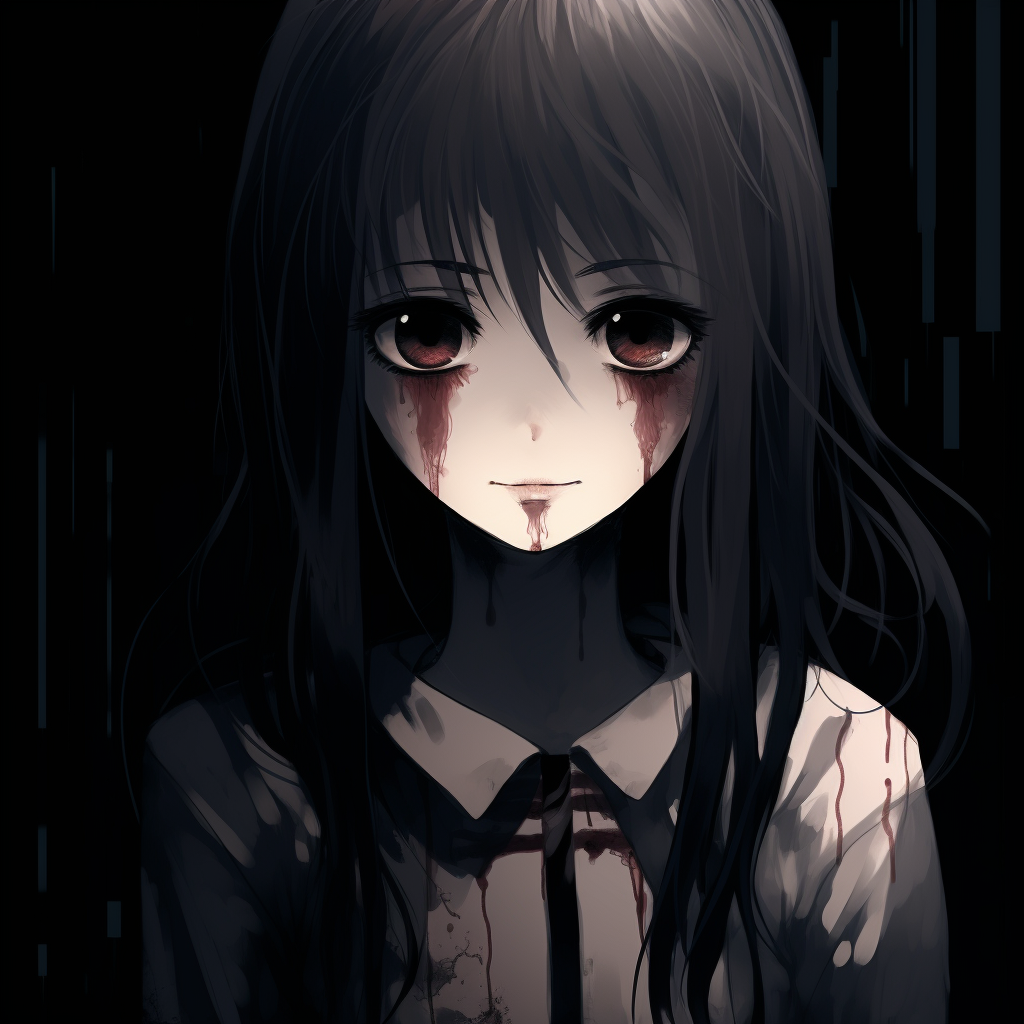 Phantasmal girl surrounded by pitch black ambience, enhancing her eerie beauty. phantasmal girl scary anime pfp pfp for discord.