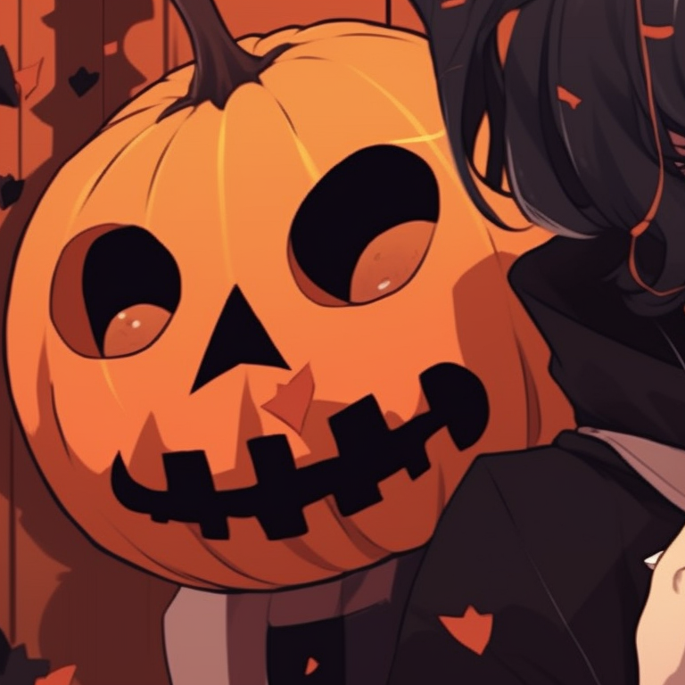 Two characters wearing pumpkin masks, vibrant orange and black colors. seasonal matching aesthetic halloween pfp pfp for discord.