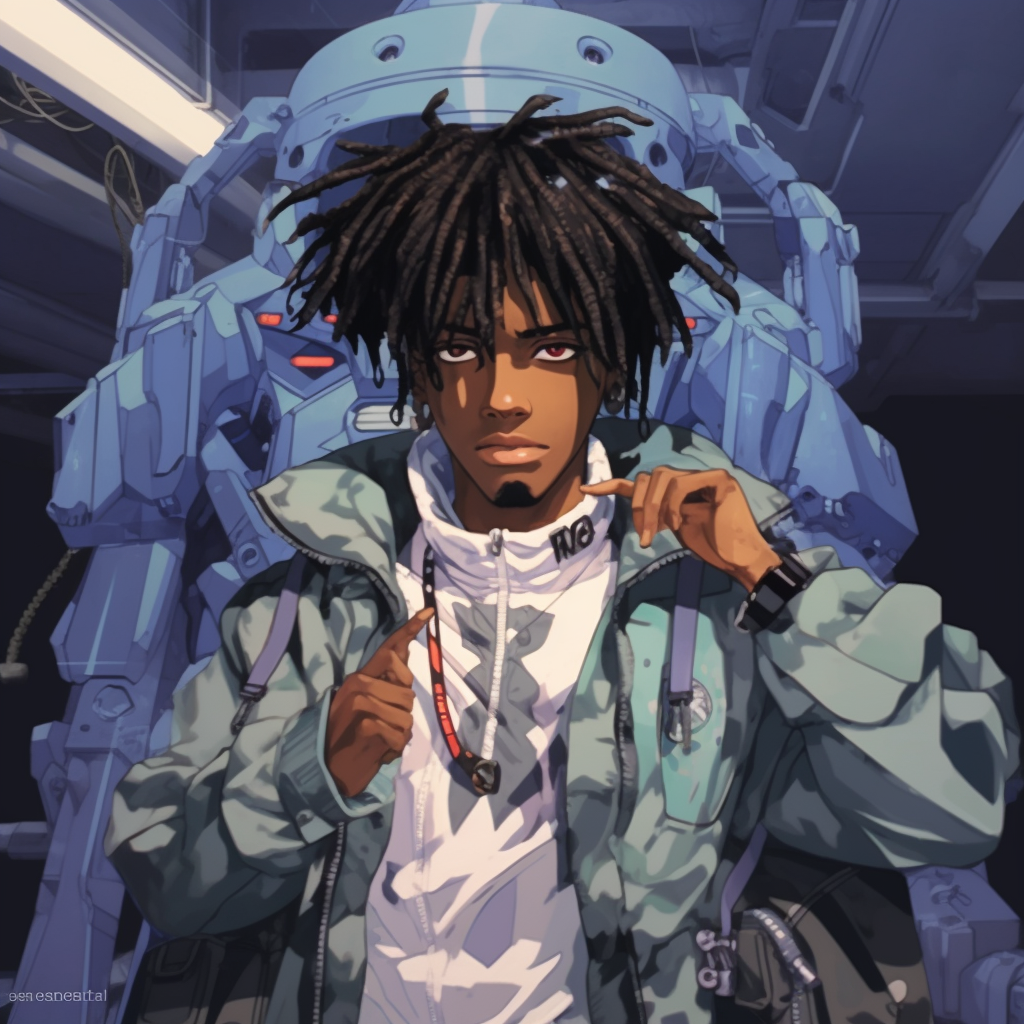 Playboi Carti portrayed in a cyber anime style, showcasing futuristic cybernetic elements and neon colors. otaku art: playboi carti anime pfp