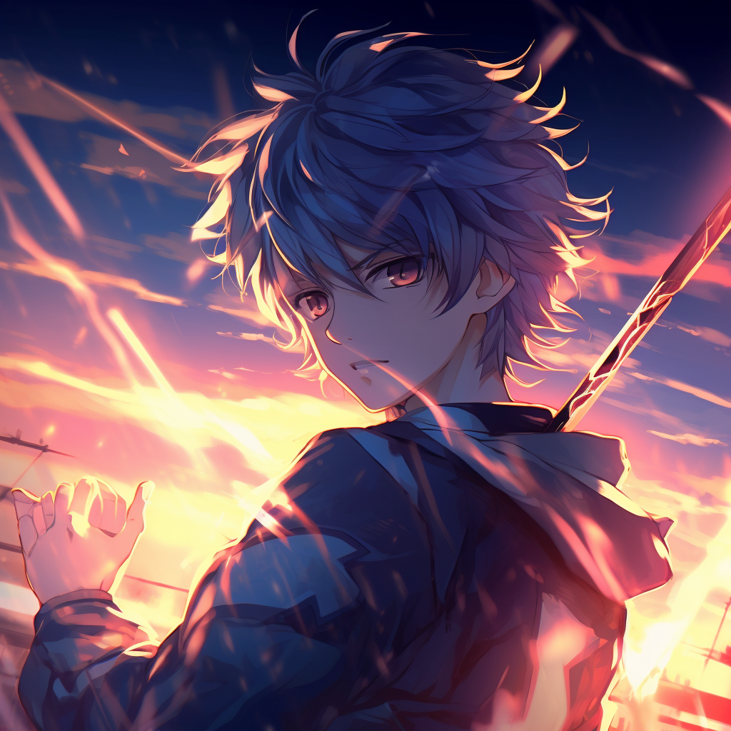 Anime boy wielding a glowing sword, enriched with dynamic lines and vibrant colors. 4k anime boy profile photos