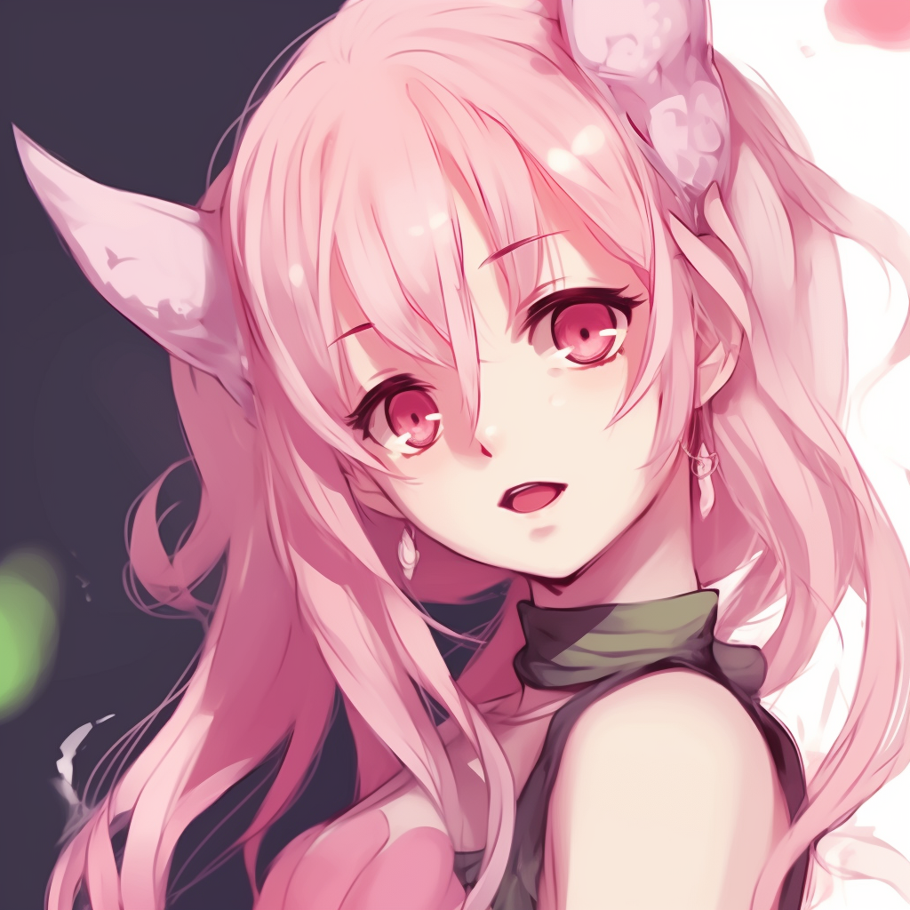 Close-up shot of Sakura, pink hair contrasted against her pearl skin. distinctive pink anime pfp concepts