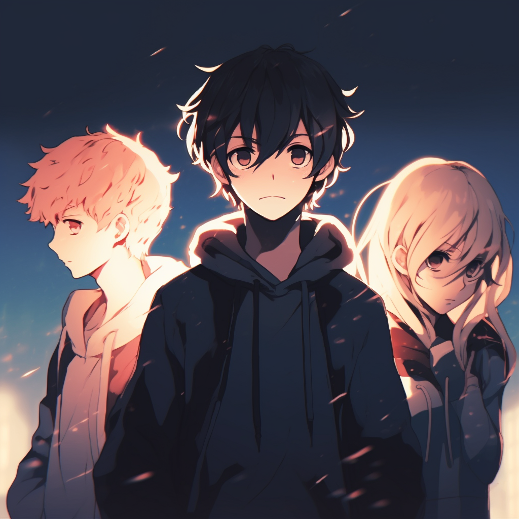 Backlit image of an anime boy trio, emphasizing their distinct silhouettes and high-contrast lighting. anime pfp boy trio pfp for discord.