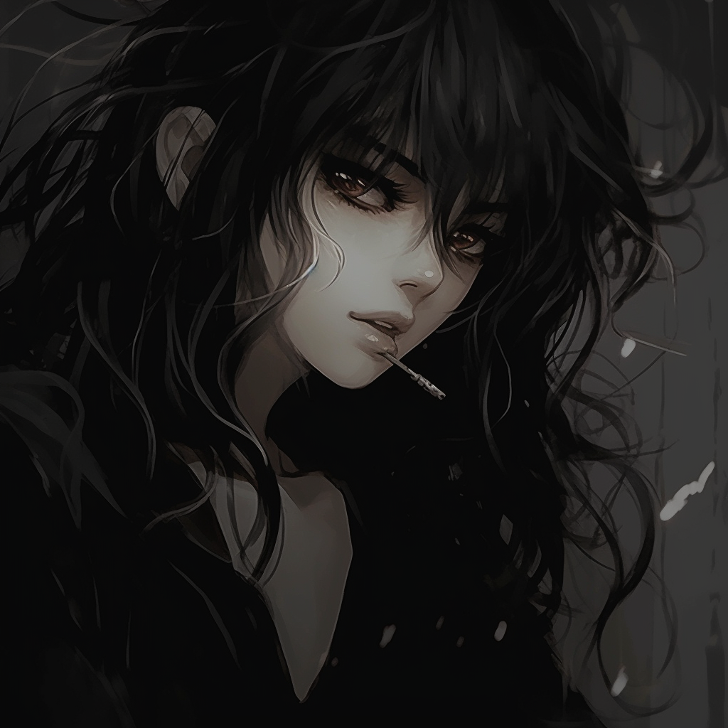An anime girl in a dark, brooding pose. The art style is marked by bold, dramatic lines. dark anime pfp femaleHD, free download