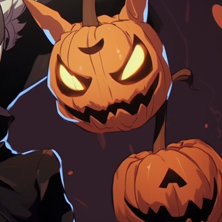 Two characters each holding vibrant orange pumpkins, traditional anime style. halloween themed pfp for pairs pfp for discord.