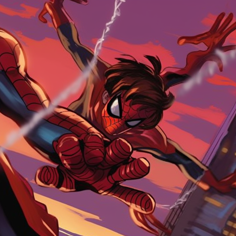 A side-by-side of two characters in dynamic Spiderman action poses, saturated colors and detailed linework. celebrity spider man matching pfp pfp for discord.