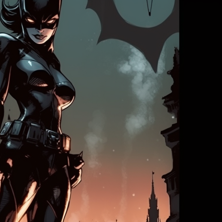 Batman and Catwoman perched on Gothic architecture, dark hues with moonlight accents. batman and catwoman iconography pfp for discord.