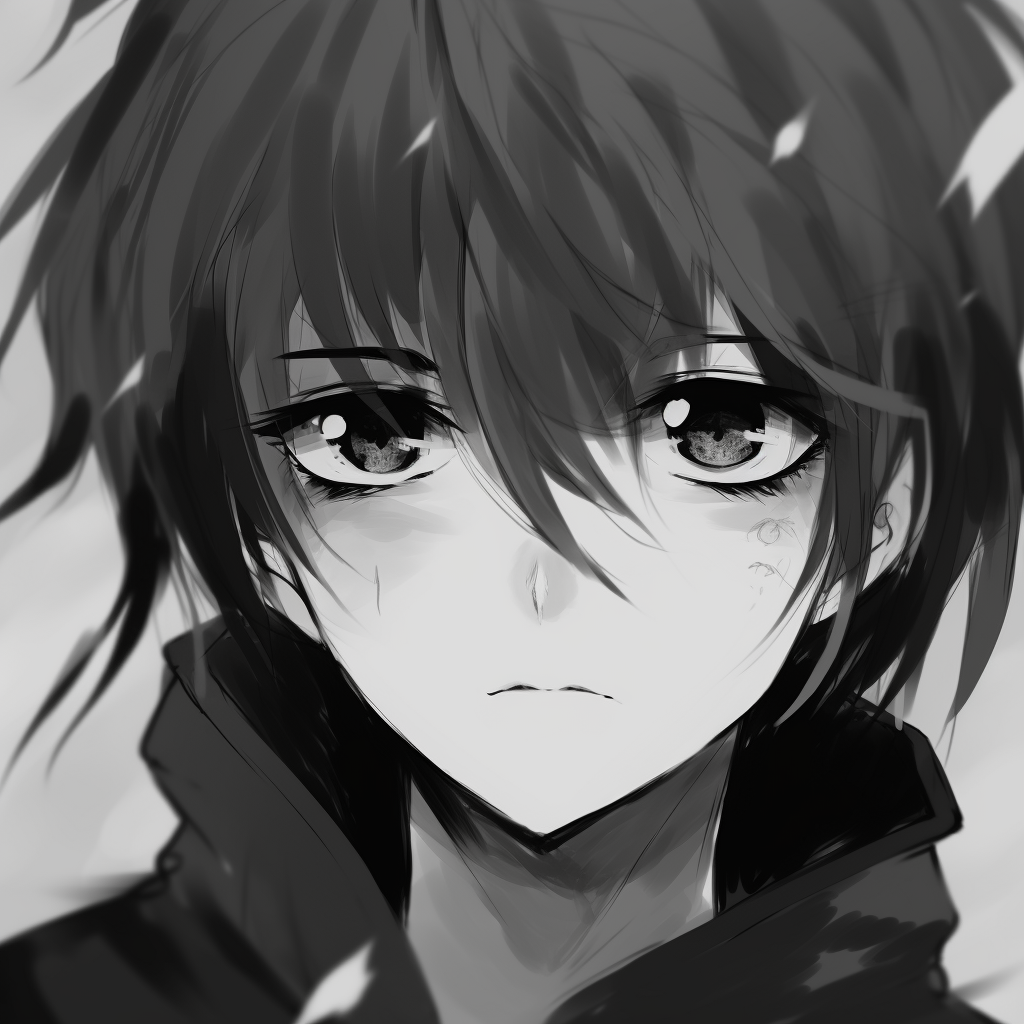 Close-up of anime boy's sharp gaze, showcasing the detailed eye design. black and white anime boy profile picture