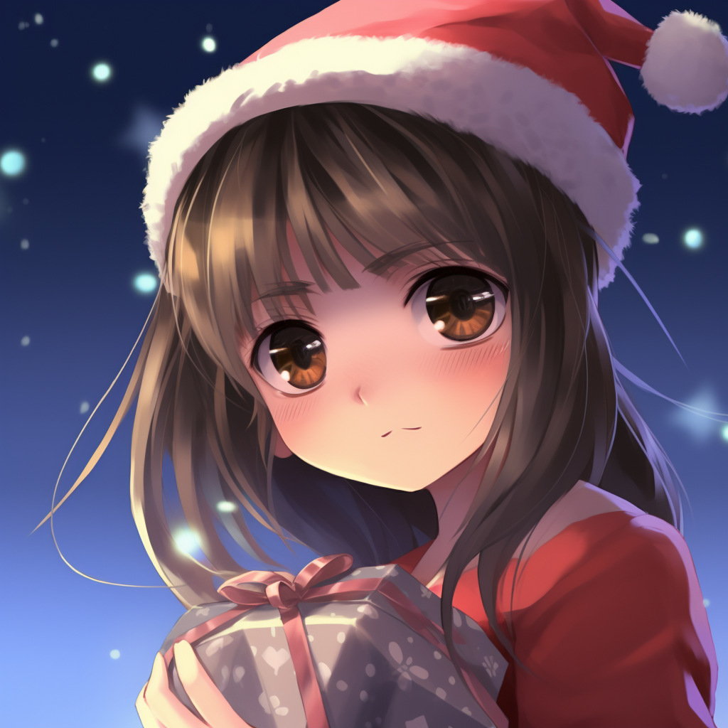 Anime girl with a Christmas ornament, focusing on the sparkle in her eyes and the careful rendering of the ornament. anime girl christmas pfp