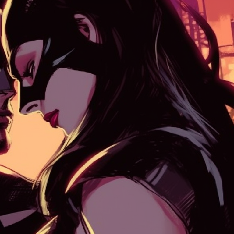 Batman and Catwoman in soft neon highlights, with Gotham City as the silhouette backdrop. batman and catwoman theme for pfp pfp for discord.