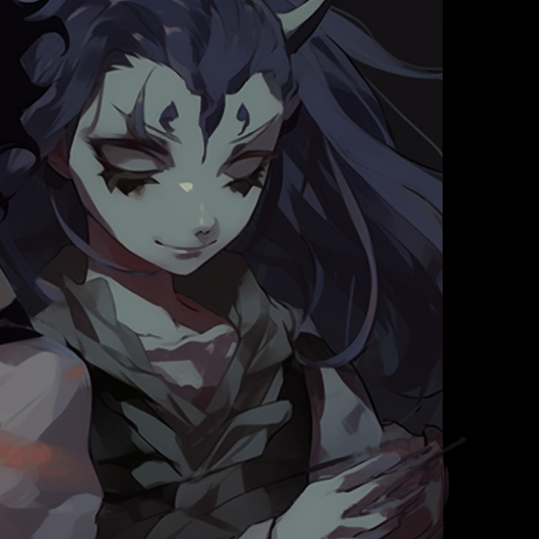 Two characters sharing a twisted fate, focus on intricate details in hair and costumes. stunning demon slayer matching pfp selection pfp for discord.