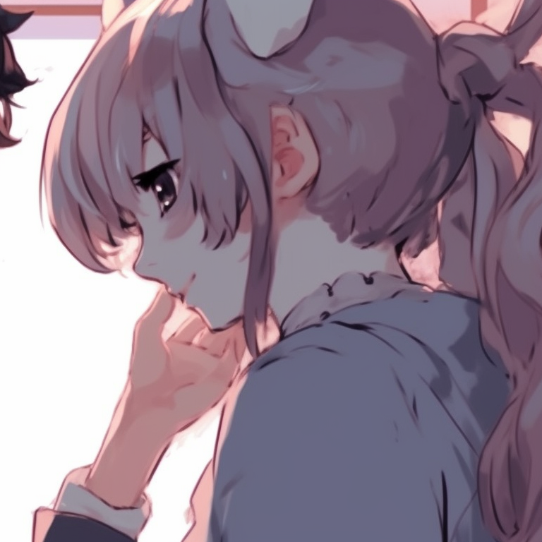 Two characters in a shadowy backdrop, fine line work, appearing to whisper secrets in a hushed tone. top whispering pfp discord pfp for discord.