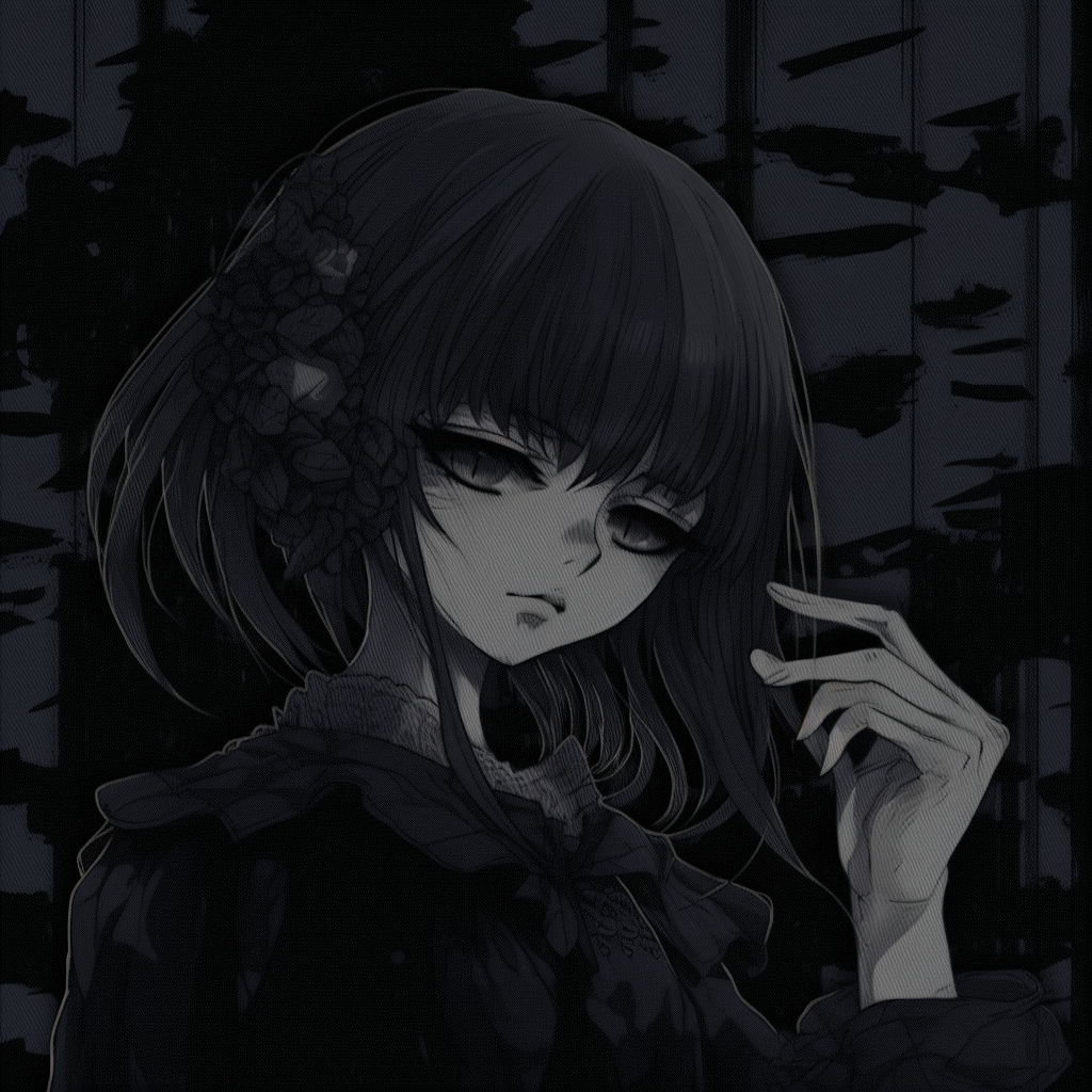 Anime character exuding a dark, elegant vibe, incorporating macabre elements. anthology of anime pfp dark aesthetic pfp for discord.