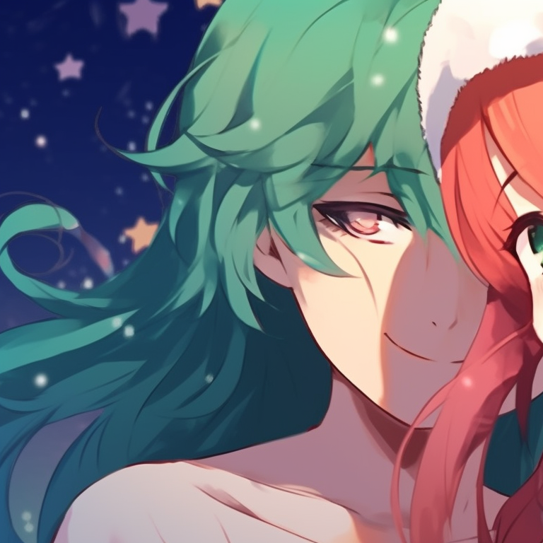 Two anime characters cozied up by a fireplace, glowing warm colors and intricate details on festive sweaters. festive matching discord pfp christmas pfp for discord.