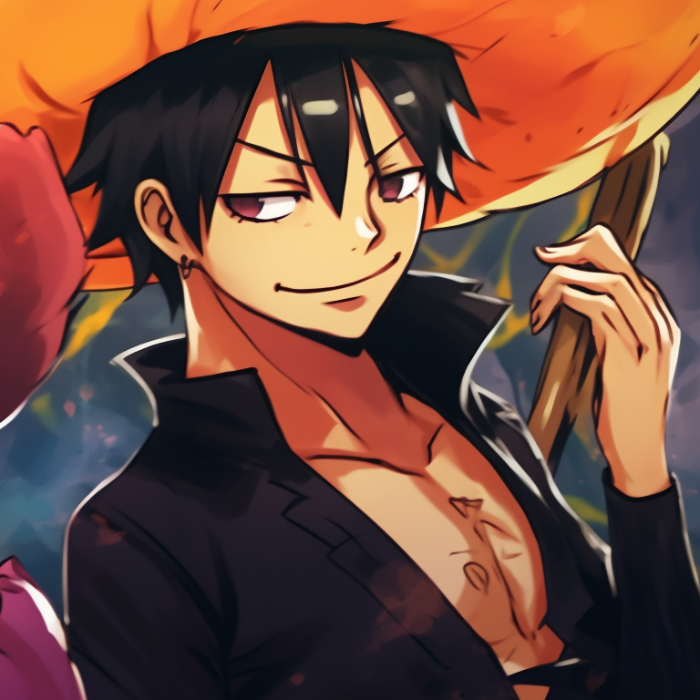 Luffy and Nami in spirited poses, dynamic lines and lively colors accentuating their playful expressions. matching pfp with luffy and nami theme pfp for discord.