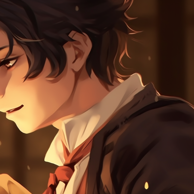 Two characters with magical accessories, detailed lining and dark color tones, trapped in a magical sphere. anime theme matching couples pfp for halloween pfp for discord.