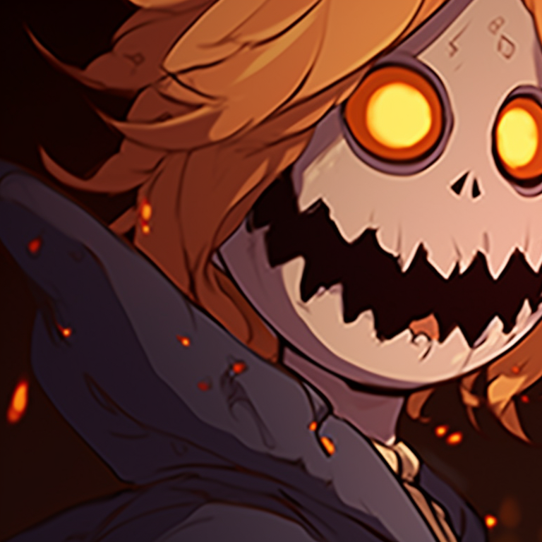 Two protagonists from a popular anime, masquerading with macabre twists and sinister grins. iconic movie character matching meme pfp halloween theme pfp for discord.