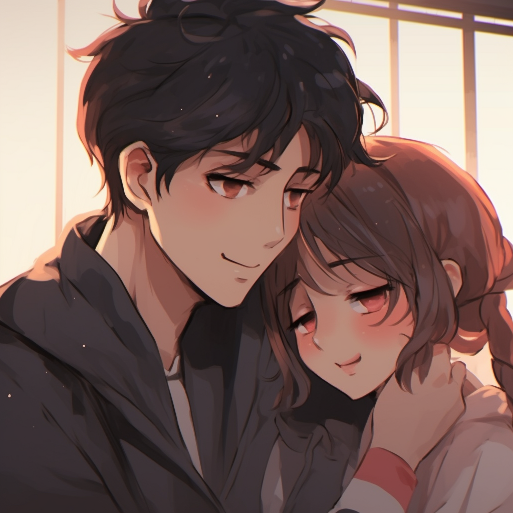 An anime couple depicted in a romantic pose, with soft colors and sleek lines. assortment of anime matching pfp couple