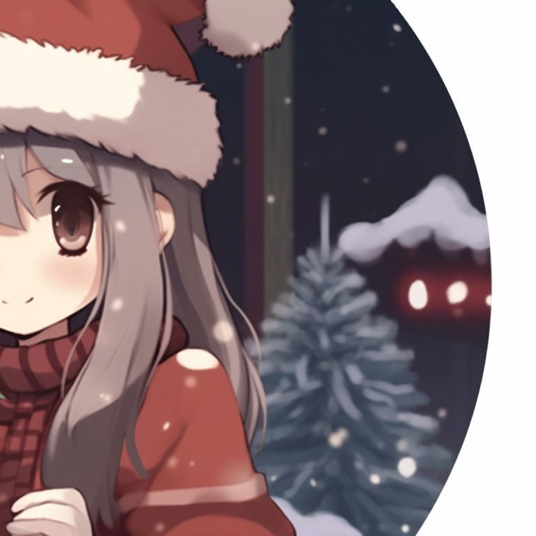 Two characters in cozy winter outfits, warm red and green colors, sharing a present. matching christmas pfp ideas for discord server pfp for discord.